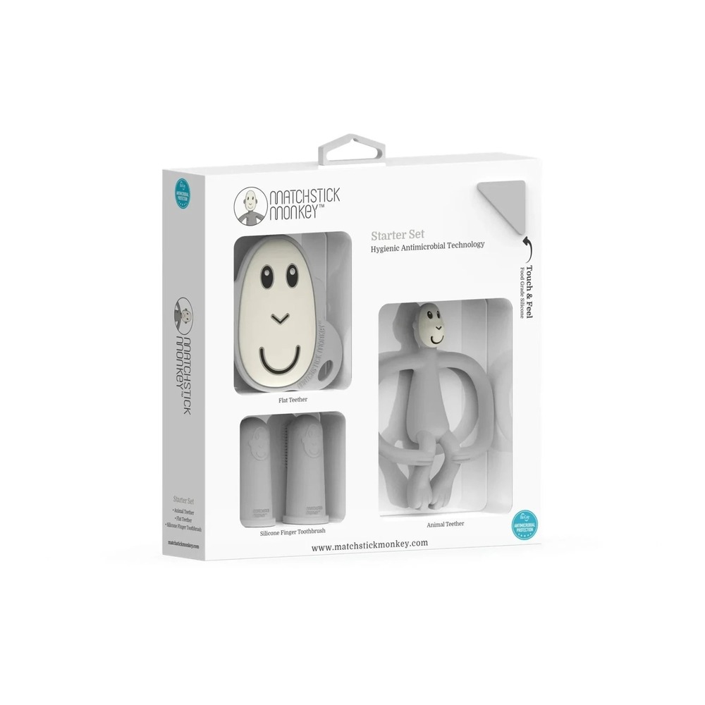 Matchstick Monkey Teething Starter Set Cool Grey Flat Face Teether Finger Brush